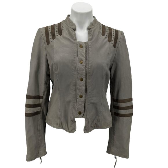 Provider Sunburst Leather Military Jacket Womens SZ XL Gray Studded Moto Chic - Picture 1 of 13